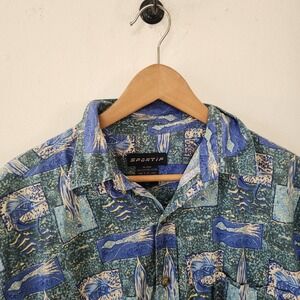 Y2K Sportif Mens Aloha Hawaiian Shirt Blue Green